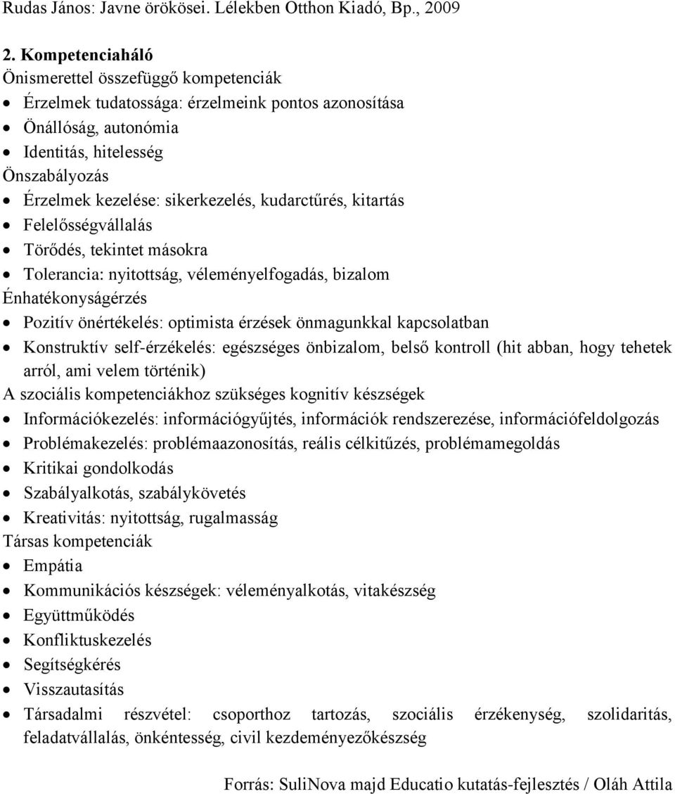 kudarctűrés, kitartás Felelősségvállalás Törődés, tekintet másokra Tolerancia: nyitottság, véleményelfogadás, bizalom Énhatékonyságérzés Pozitív önértékelés: optimista érzések önmagunkkal