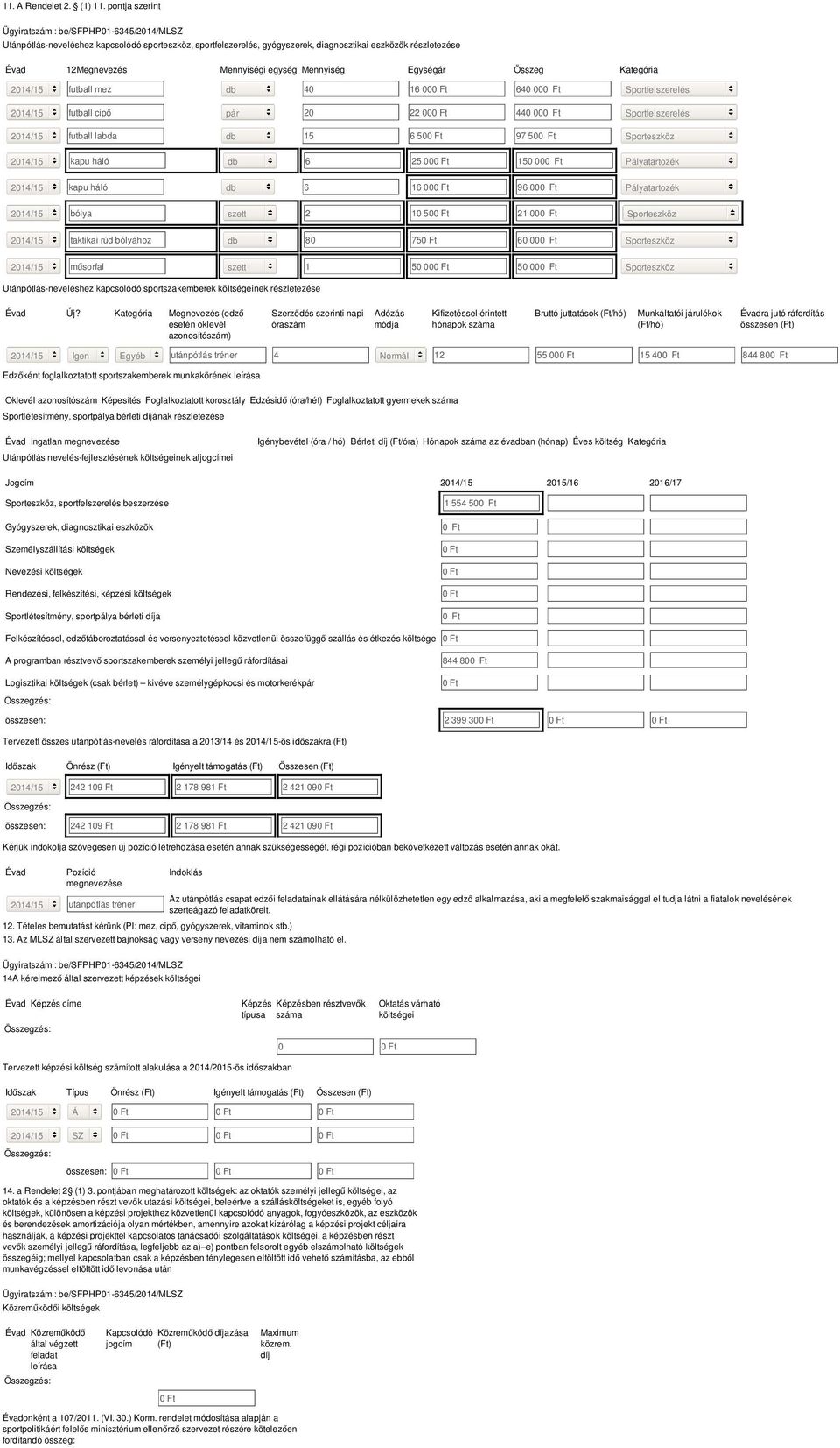 00 640 00 Sportfelzerelé futball cipő pár 20 22 00 440 00 Sportfelzerelé futball labda db 5 6 50 97 50 Sportezköz kapu háló db 6 25 00 50 00 Pályatartozék kapu háló db 6 6 00 96 00 Pályatartozék