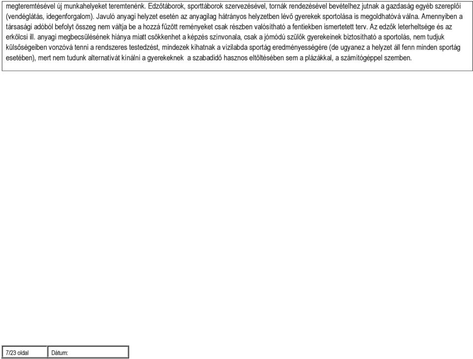 Amennyiben a társasági adóból befolyt összeg nem váltja be a hozzá főzött reményeket csak részben valósítható a fentiekben ismertetett terv. Az edzık leterheltsége és az erkölcsi ill.