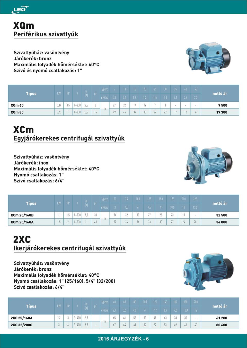 csatlakozás: /" XC /B, XC /A,,,,, XC Ikerjárókerekes centrifugál szivattyúk Járókerék: bronz Maxiális