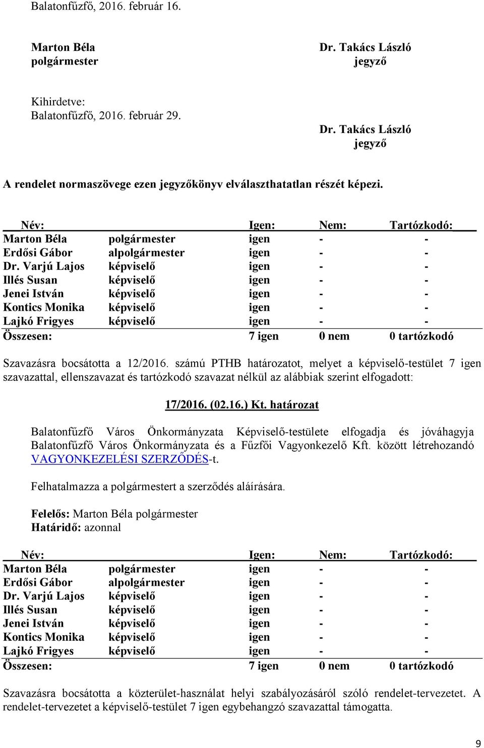 számú PTHB határozatot, melyet a képviselő-testület 7 igen szavazattal, ellenszavazat és tartózkodó szavazat nélkül az alábbiak szerint elfogadott: 17/2016. (02.16.) Kt.