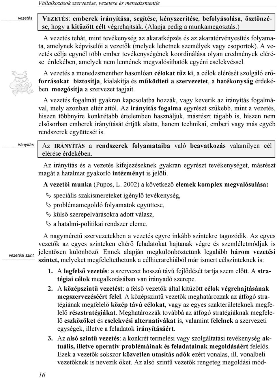 Ennek alapján megkülönböztetünk legalább három vezetési szintet, melyeket megfeleltethetünk a célhierarchiából már ismert célszinteknek is: 1.