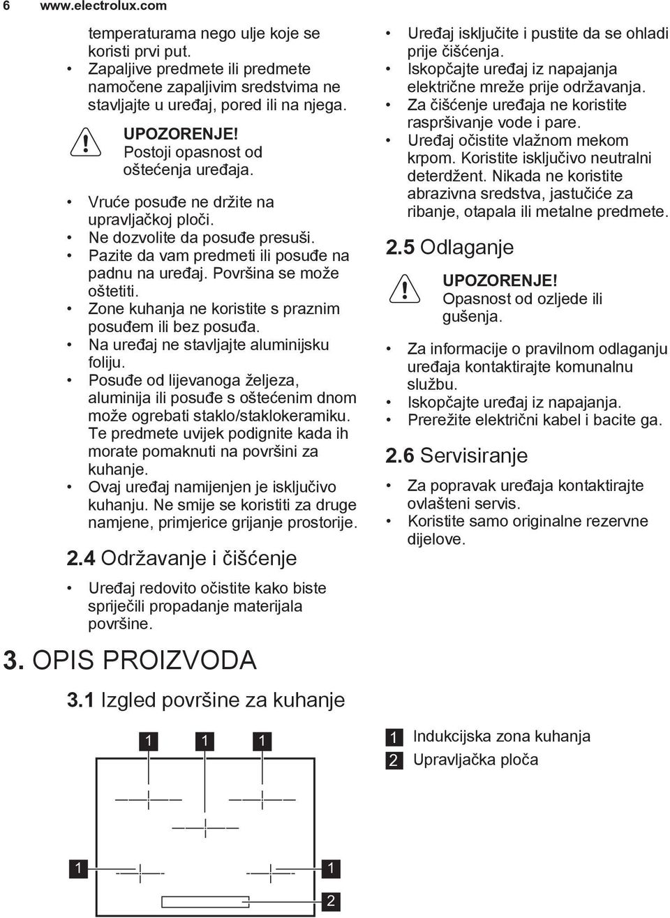 Zone kuhanja ne koristite s praznim posuđem ili bez posuđa. Na uređaj ne stavljajte aluminijsku foliju.
