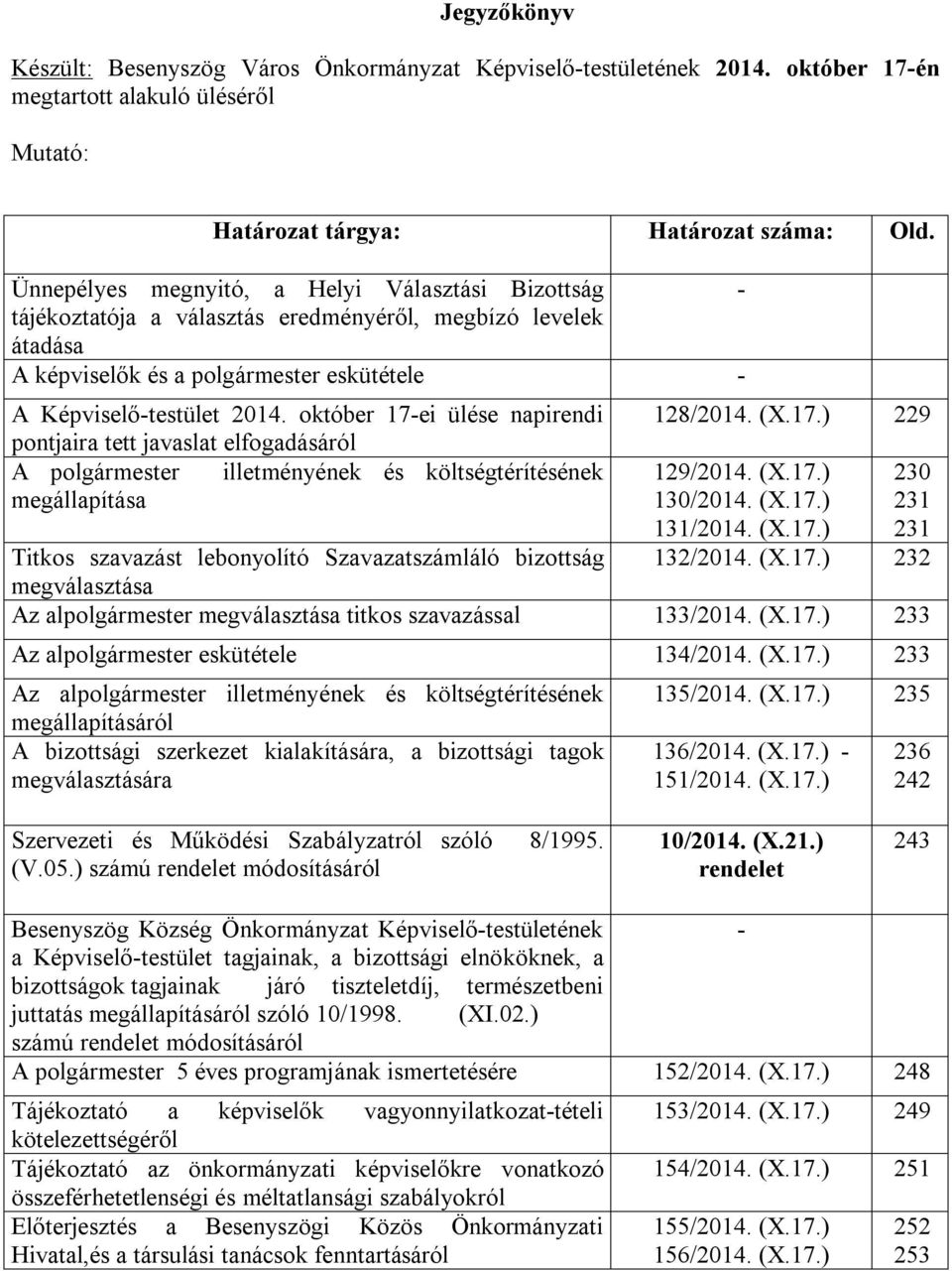 október 17-ei ülése napirendi pontjaira tett javaslat elfogadásáról A polgármester illetményének és költségtérítésének megállapítása 128/2014. (X.17.) 229 129/2014. (X.17.) 130/2014. (X.17.) 131/2014.