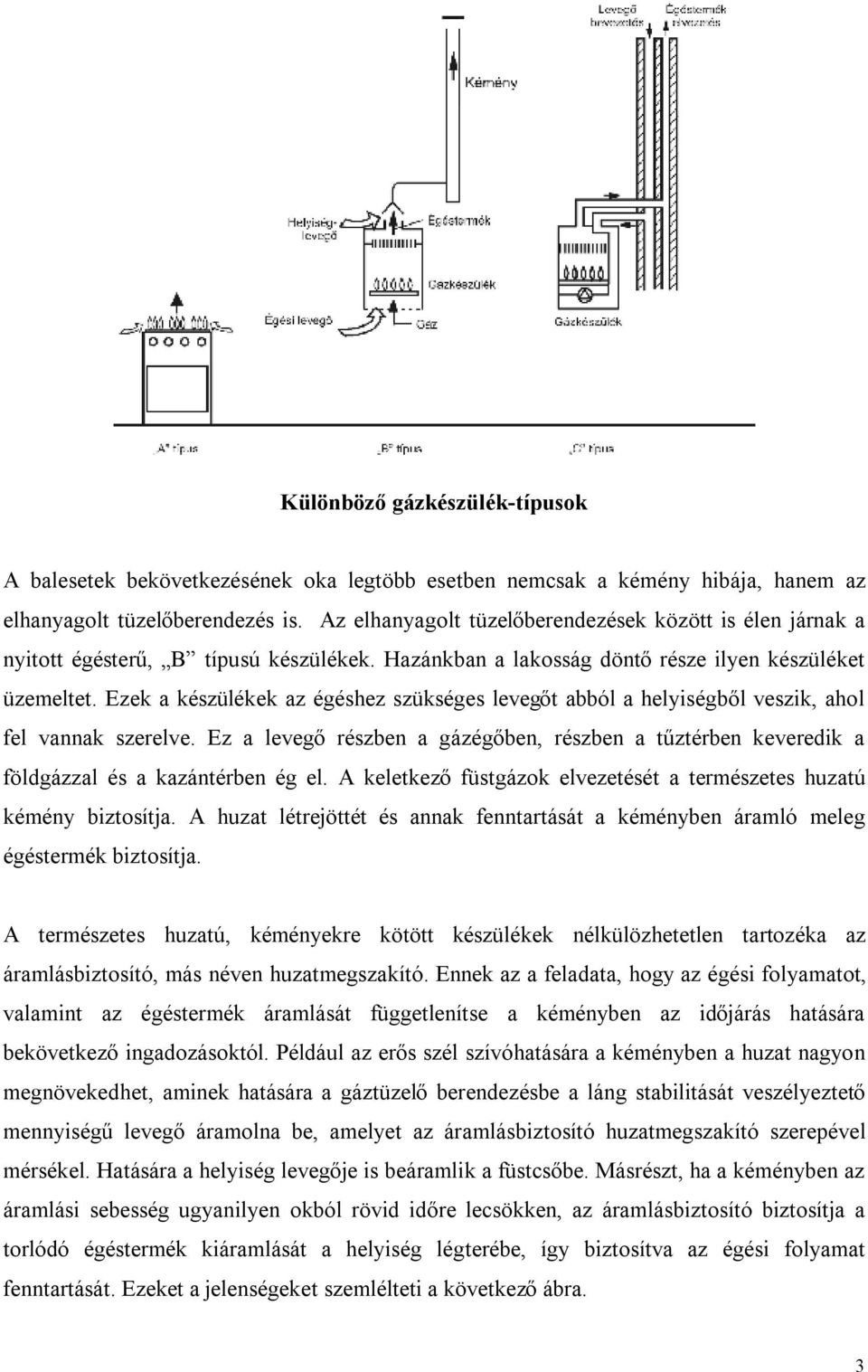 Ezek a készülékek az égéshez szükséges levegőt abból a helyiségből veszik, ahol fel vannak szerelve. Ez a levegő részben a gázégőben, részben a tűztérben keveredik a földgázzal és a kazántérben ég el.