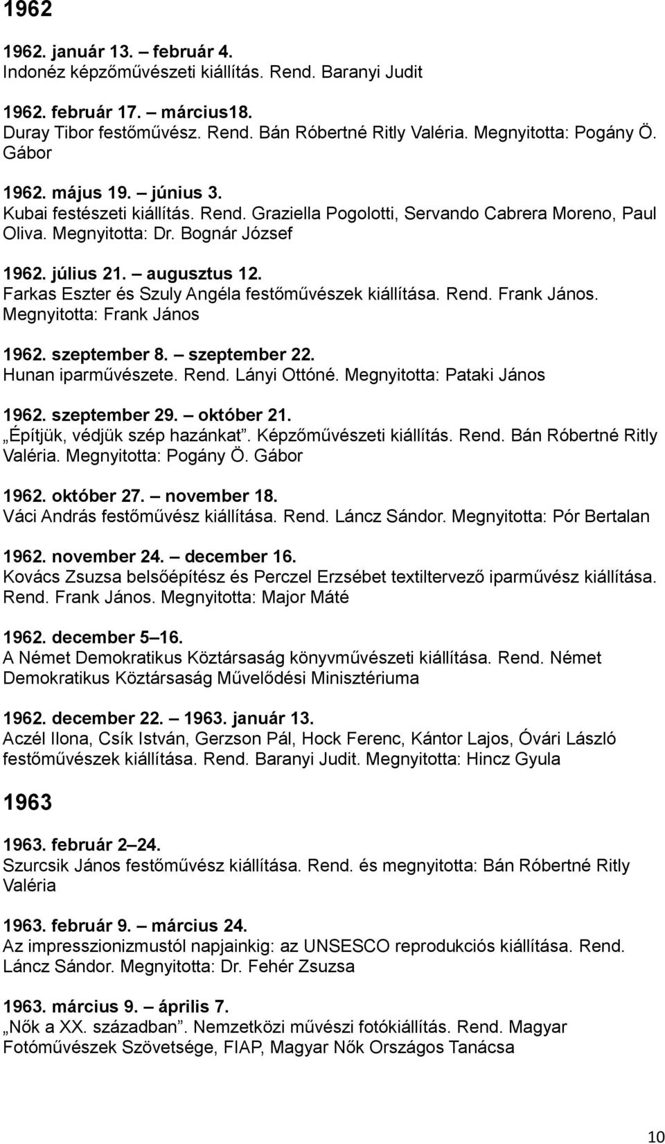 Farkas Eszter és Szuly Angéla festőművészek kiállítása. Rend. Frank János. Megnyitotta: Frank János 1962. szeptember 8. szeptember 22. Hunan iparművészete. Rend. Lányi Ottóné.