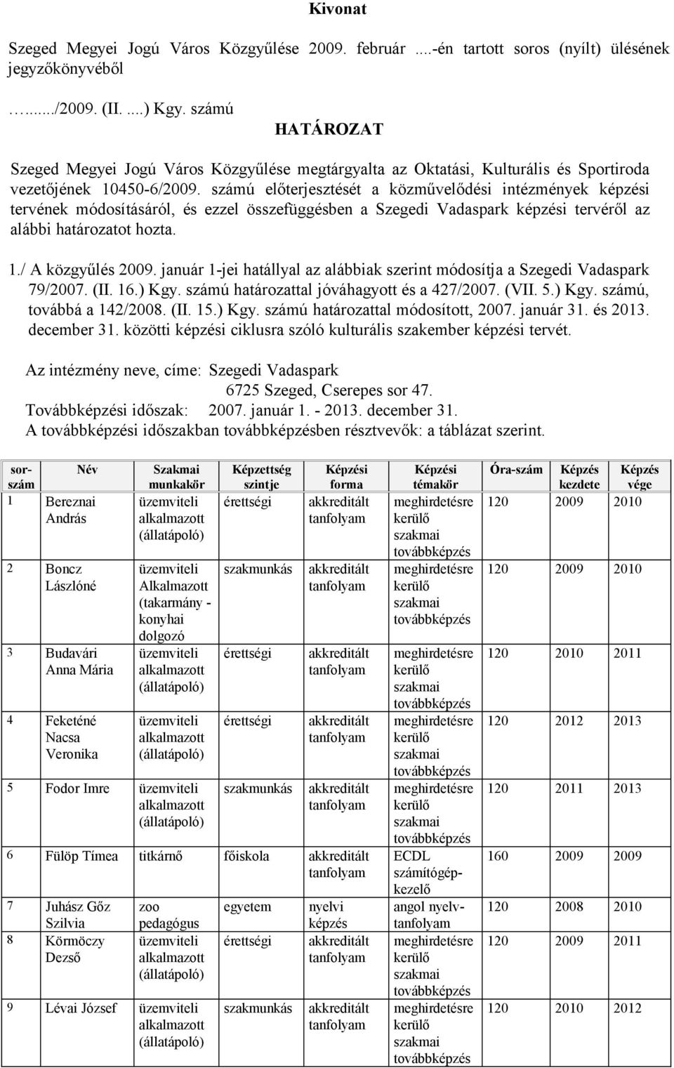 számú előterjesztését a közművelődési intézmények képzési tervének módosításáról, és ezzel összefüggésben a Szegedi Vadaspark képzési tervéről az alábbi határozatot hozta. 1./ A közgyűlés 2009.