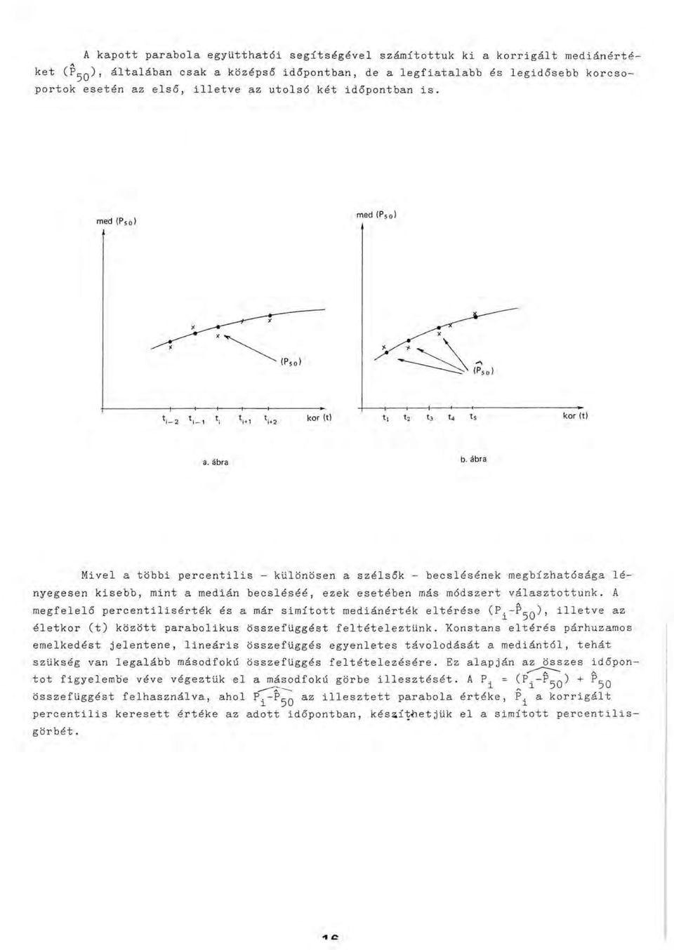 A megfelelő percentilisérték és a már simított mediánérték eltérése, illetve az életkor (t) között parabolikus összefüggést feltételeztünk.