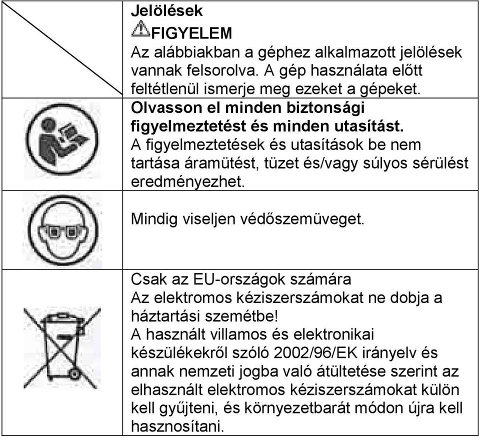 A figyelmeztetések és utasítások be nem tartása áramütést, tüzet és/vagy súlyos sérülést eredményezhet. Mindig viseljen védőszemüveget.