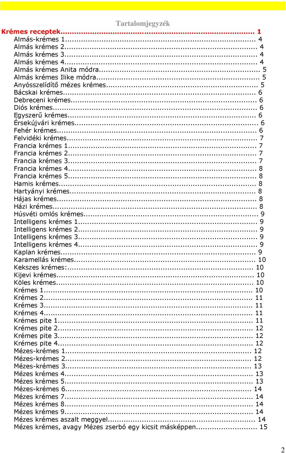 .. 7 Francia krémes 2... 7 Francia krémes 3... 7 Francia krémes 4... 8 Francia krémes 5... 8 Hamis krémes... 8 Hartyányi krémes... 8 Hájas krémes... 8 Házi krémes... 8 Húsvéti omlós krémes.