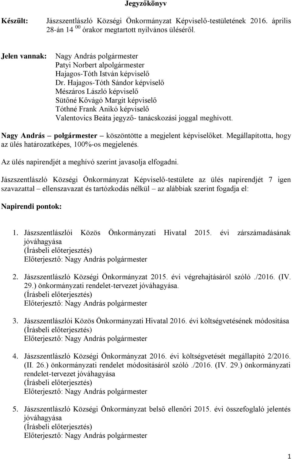 Hajagos-Tóth Sándor képviselő Mészáros László képviselő Sütőné Kővágó Margit képviselő Tóthné Frank Anikó képviselő Valentovics Beáta jegyző- tanácskozási joggal meghívott.