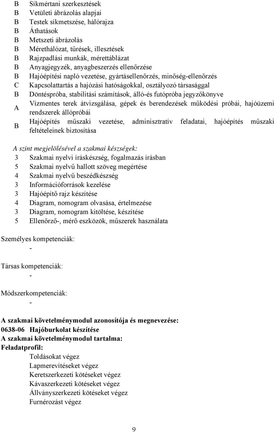 futópróba jegyzőkönyve Vízmentes terek átvizsgálása, gépek és berendezések működési próbái, hajóüzemi rendszerek állópróbái Hajóépítés műszaki vezetése, adminisztratív feladatai, hajóépítés műszaki