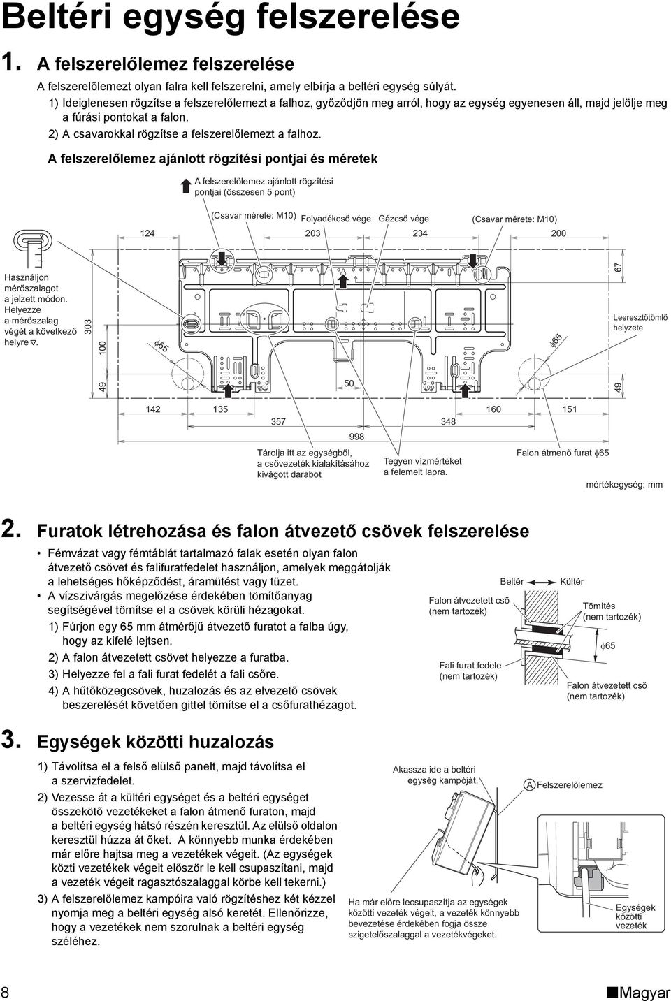 2) A csavarokkal rögzítse a felszerelőlemezt a falhoz.