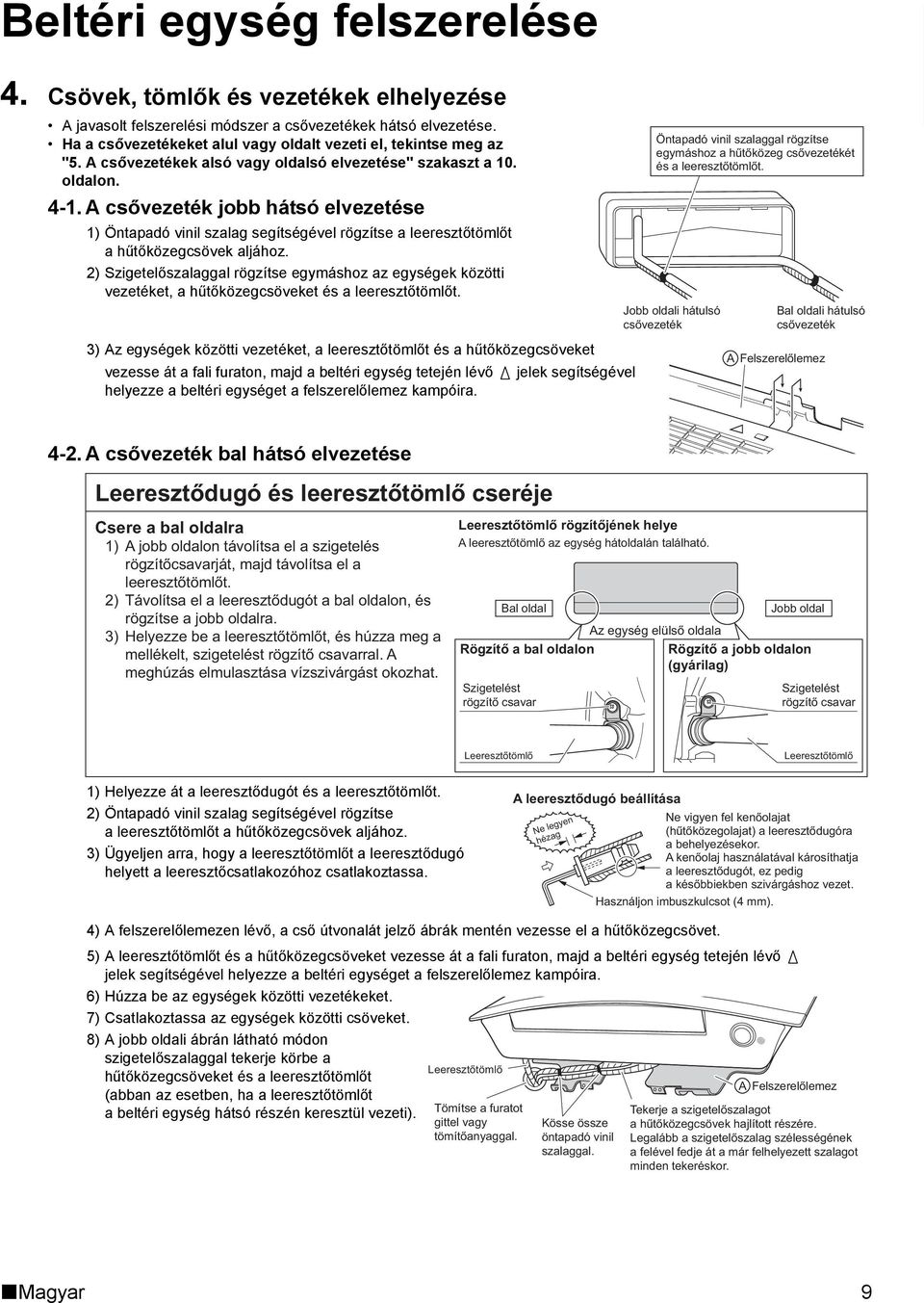 A csővezeték jobb hátsó elvezetése 1) Öntapadó vinil szalag segítségével rögzítse a leeresztőtömlőt a hűtőközegcsövek aljához.