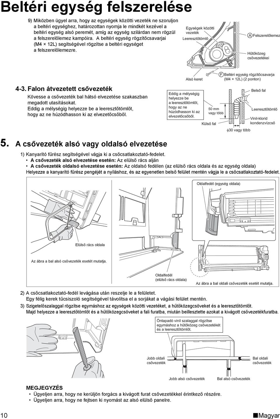 Egységek közötti vezeték Leeresztőtömlő A Felszerelőlemez Hűtőközeg csővezetékei Alsó keret F Beltéri egység rögzítőcsavarja (M4 12L) (2 ponton) 4-3.