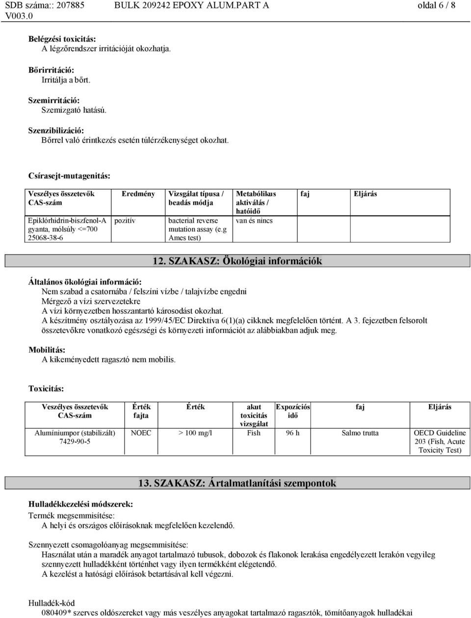 Csírasejt-mutagenitás: Veszélyes összetevők CAS-szám Epiklórhidrin-biszfenol-A gyanta, mólsúly <=700 25068-38-6 Eredmény Vizsgálat típusa / beadás módja pozitív bacterial reverse mutation assay (e.