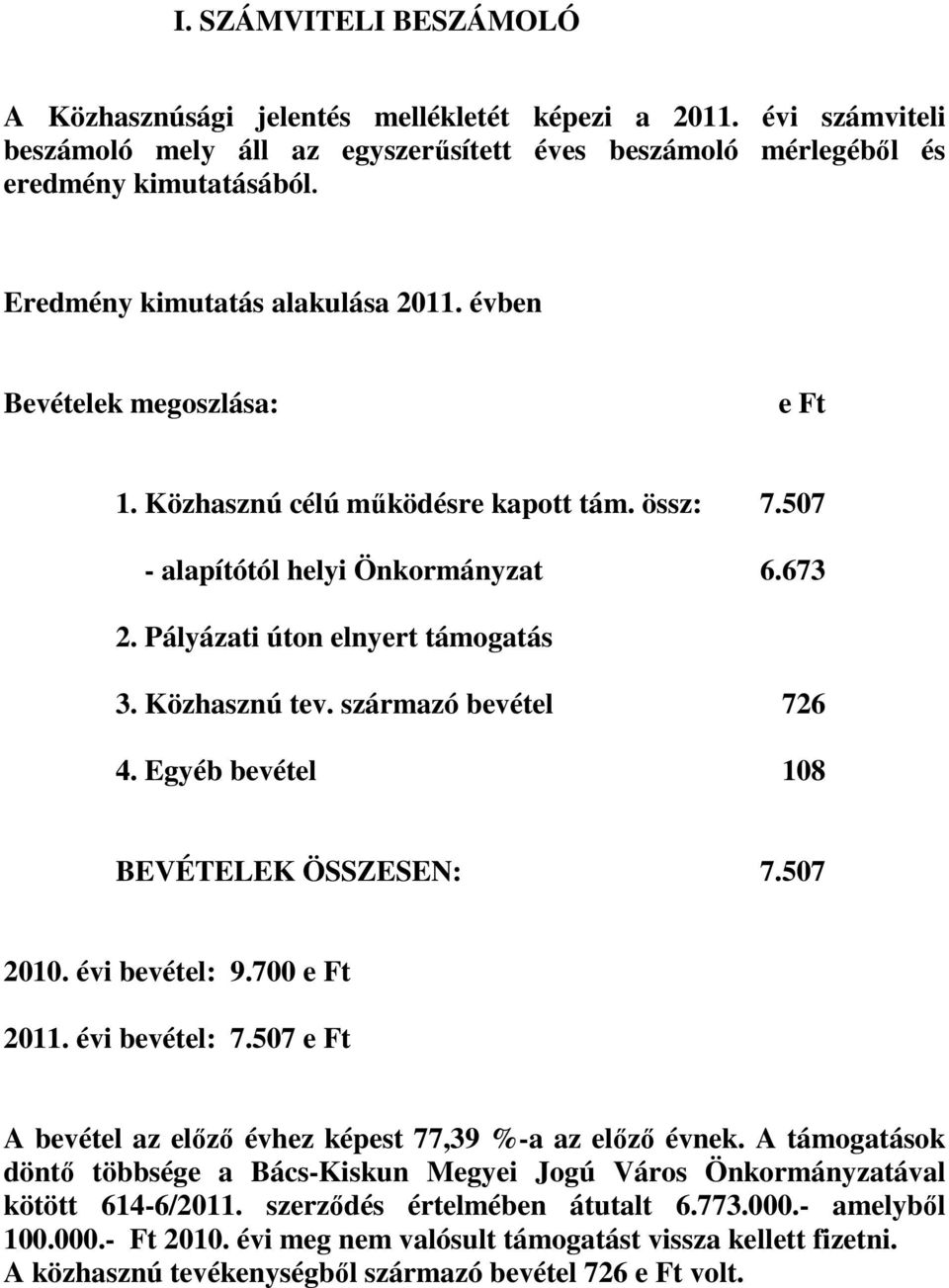 Közhasznú tev. származó bevétel 726 4. Egyéb bevétel 108 BEVÉTELEK ÖSSZESEN: 7.507 2010. évi bevétel: 9.700 e Ft 2011. évi bevétel: 7.507 e Ft A bevétel az elızı évhez képest 77,39 %-a az elızı évnek.