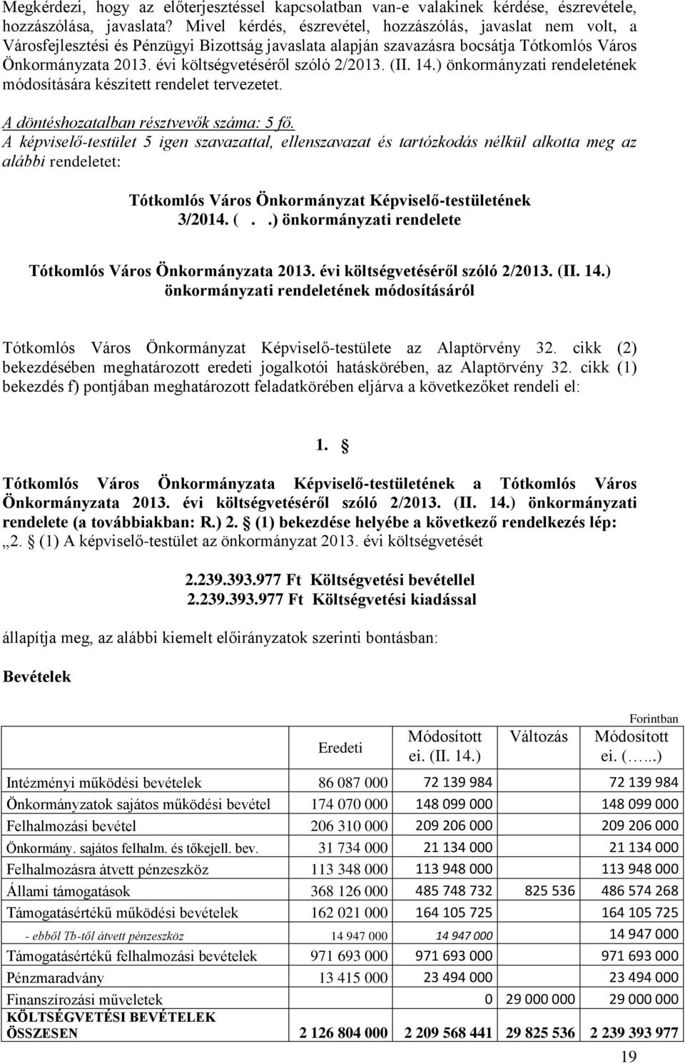 évi költségvetéséről szóló 2/2013. (II. 14.) önkormányzati rendeletének módosítására készített rendelet tervezetet. A döntéshozatalban résztvevők száma: 5 fő.