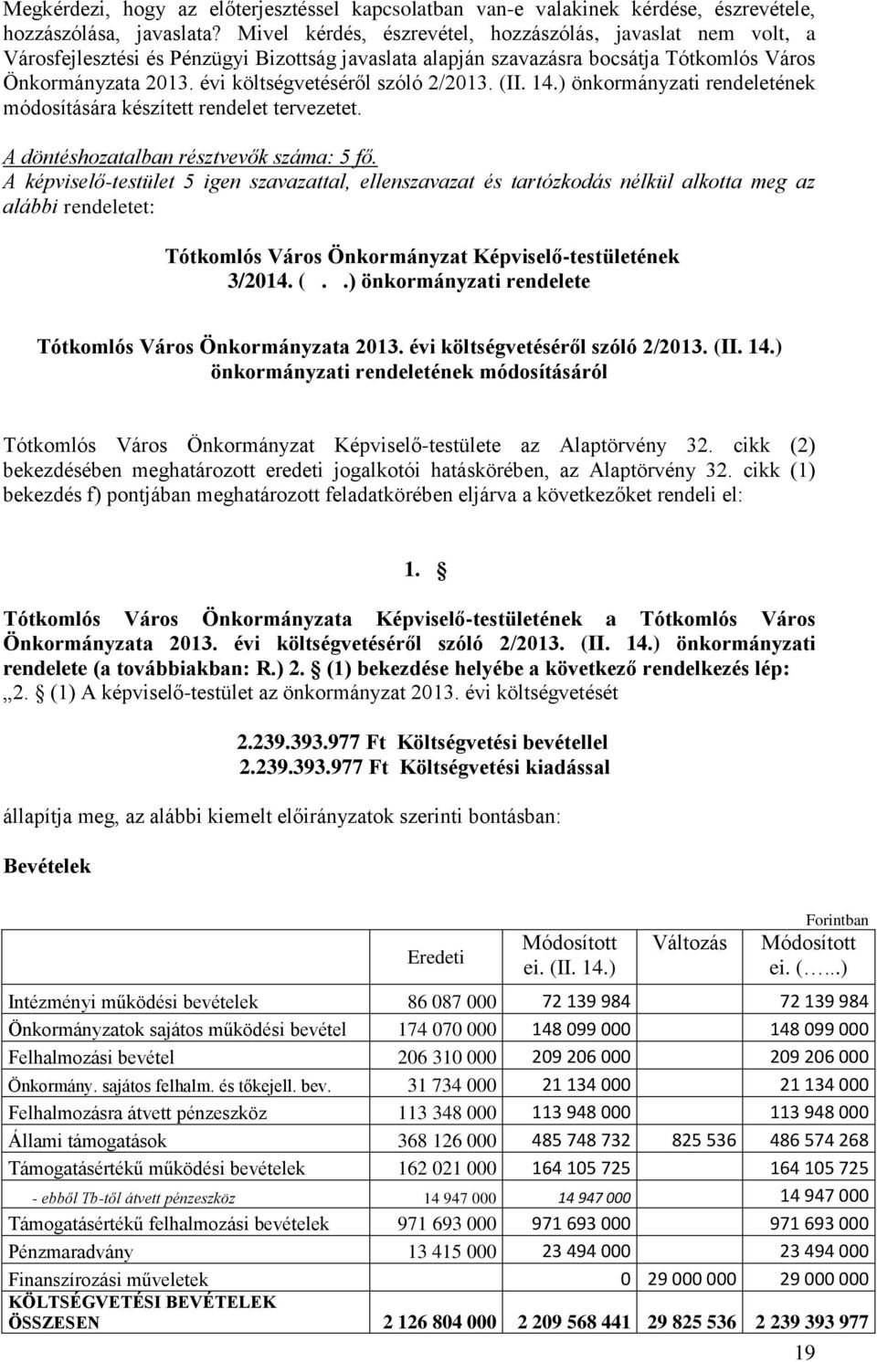 évi költségvetéséről szóló 2/2013. (II. 14.) önkormányzati rendeletének módosítására készített rendelet tervezetet. A döntéshozatalban résztvevők száma: 5 fő.