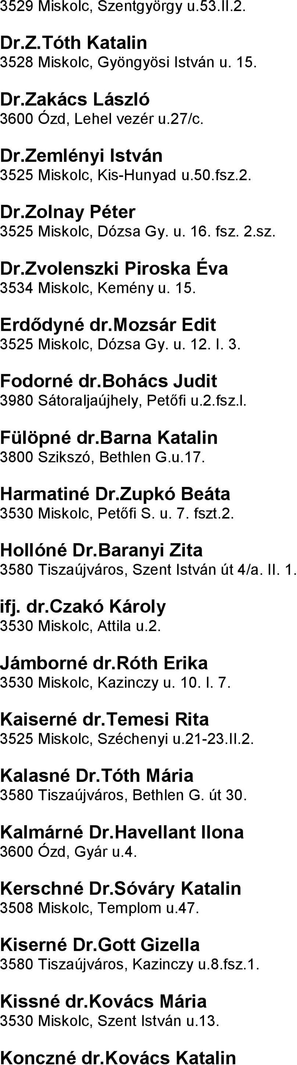 Fülöpné drbarna Katalin 3800 Szikszó, Bethlen Gu17 Harmatiné DrZupkó Beáta 3530 Miskolc, Petőfi S u 7 fszt2 Hollóné DrBaranyi Zita 3580 Tiszaújváros, Szent István út 4/a II 1 ifj drczakó Károly 3530