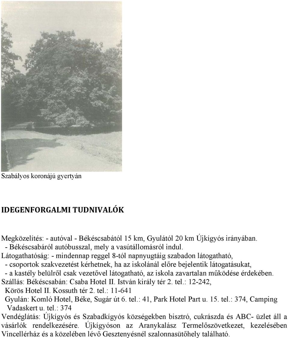 látogatható, az iskola zavartalan működése érdekében. Szállás: Békéscsabán: Csaba Hotel II. István király tér 2. tel.: 12-242, Körös Hotel II. Kossuth tér 2. tel.: 11-641 Gyulán: Komló Hotel, Béke, Sugár út 6.