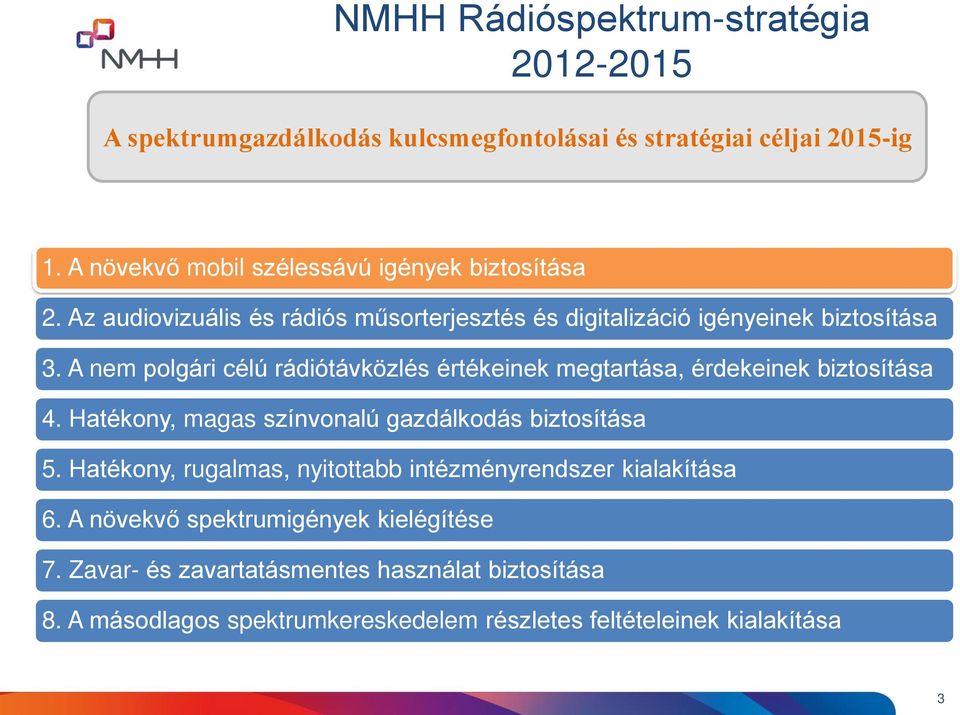 A nem polgári célú rádiótávközlés értékeinek megtartása, érdekeinek biztosítása 4. Hatékony, magas színvonalú gazdálkodás biztosítása 5.