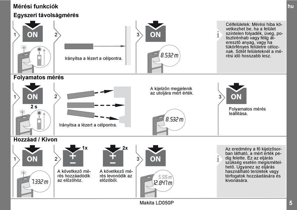 Sötét felületeknél a mérési idő hosszabb lesz. Folyamatos mérés A kijelzőn megjelenik az utoljára mért érték. 3 s a célpontra. 8.53 m Folyamatos mérés leállítása.