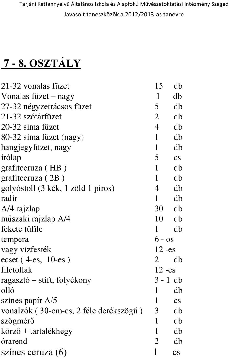 golyóstoll (3 kék, 1 zöld 1 piros) 4 db A/4 rajzlap 30 db műszaki rajzlap A/4 10 db fekete tűfilc 1 db vagy 12 -es filctollak 12