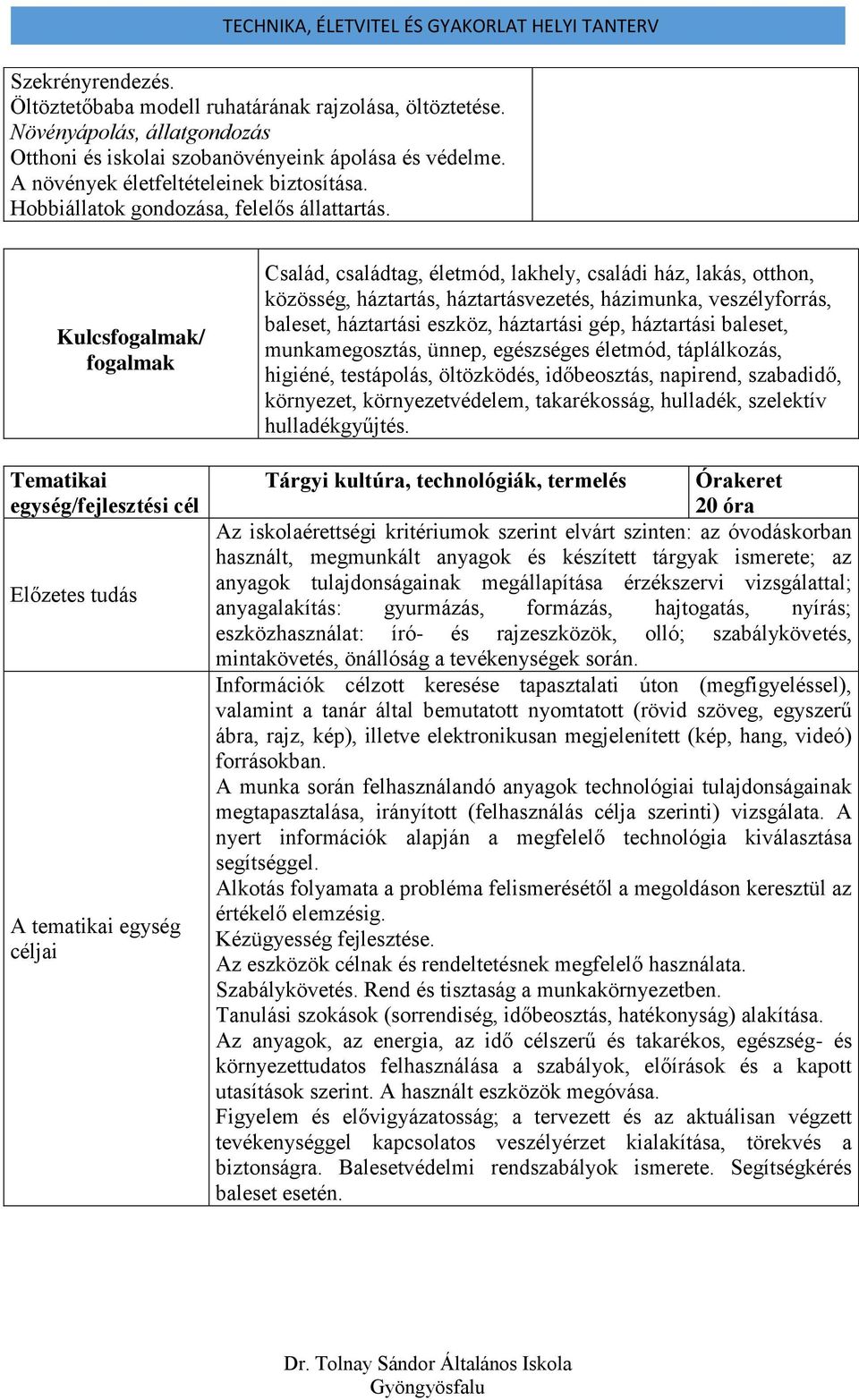 Kulcsfogalmak/ fogalmak Család, családtag, életmód, lakhely, családi ház, lakás, otthon, közösség, háztartás, háztartásvezetés, házimunka, veszélyforrás, baleset, háztartási eszköz, háztartási gép,