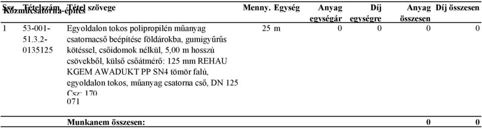 2-0135125 Egyoldalon tokos polipropilén műanyag csatornacső beépítése földárokba, gumigyűrűs