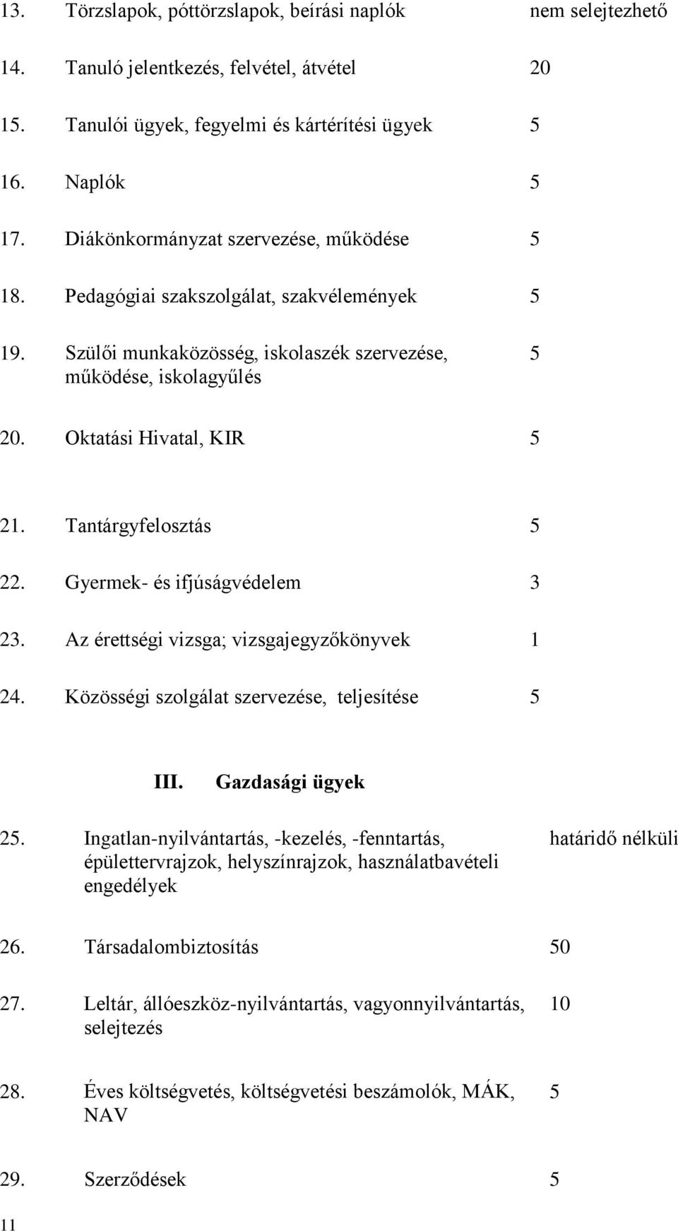 Tantárgyfelosztás 5 22. Gyermek- és ifjúságvédelem 3 23. Az érettségi vizsga; vizsgajegyzőkönyvek 1 24. Közösségi szolgálat szervezése, teljesítése 5 III. Gazdasági ügyek 25.