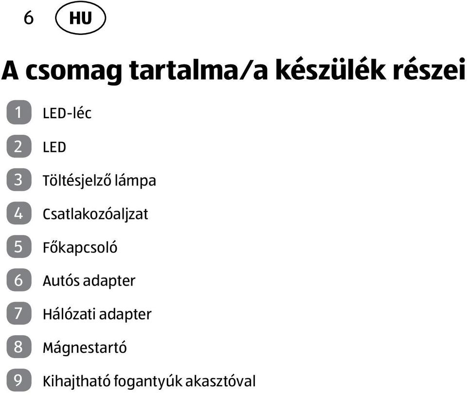 Csatlakozóaljzat 5 Főkapcsoló 6 Autós adapter