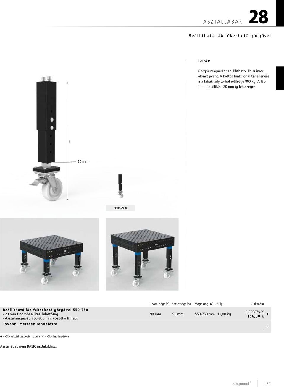 X Beállítható láb fékezhető görgővel 550-750 - 20 mm finombeállítási lehetőség - Asztalmagasság 750-950 mm között állítható További méretek rendelésre