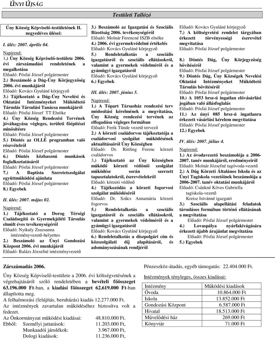 ) Úny Község Rendezési Tervének jóváhagyása végleges, területi fıépítészi minısítésre 5.) Döntés az OLLÉ programban való részvételrıl 6.) Döntés közhasznú munkások foglalkoztatásáról 7.