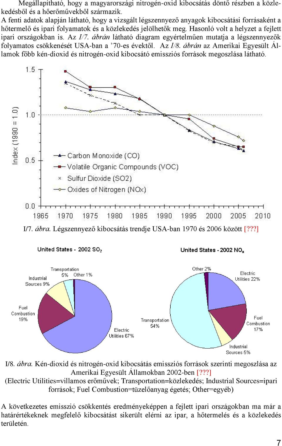 Hasonló volt a helyzet a fejlett ipari országokban is. Az I/7. ábrán látható diagram egyértelműen mutatja a légszennyezők folyamatos csökkenését USA-ban a 70-es évektől. Az I/8.