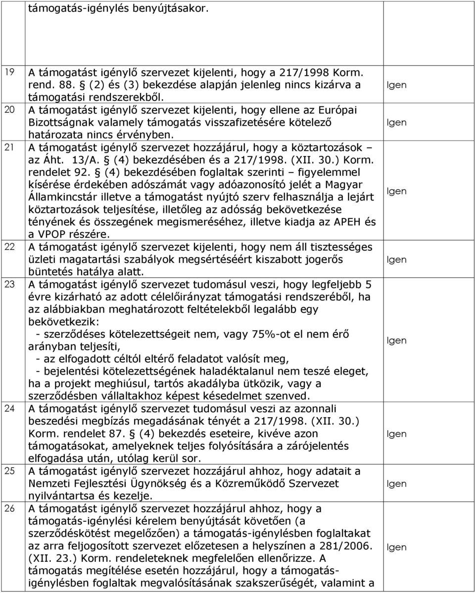 21 A támogatást igénylő szervezet hozzájárul, hogy a köztartozások az Áht. 13/A. (4) bekezdésében és a 217/1998. (XII. 30.) Korm. rendelet 92.