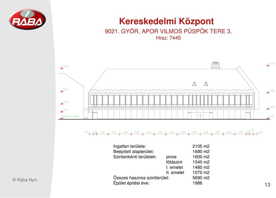 Szintenkénti területek: pince 1600 m2 földszint 1540 m2 I.