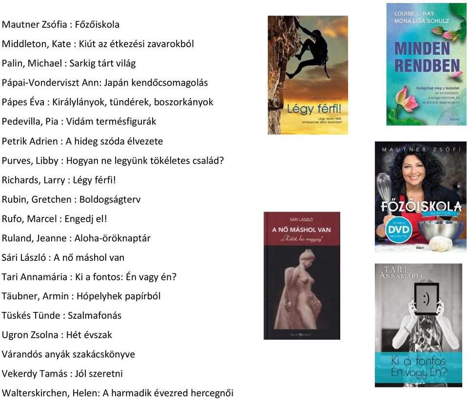 Rubin, Gretchen : Boldogságterv Rufo, Marcel : Engedj el! Ruland, Jeanne : Aloha-öröknaptár Sári László : A nő máshol van Tari Annamária : Ki a fontos: Én vagy én?
