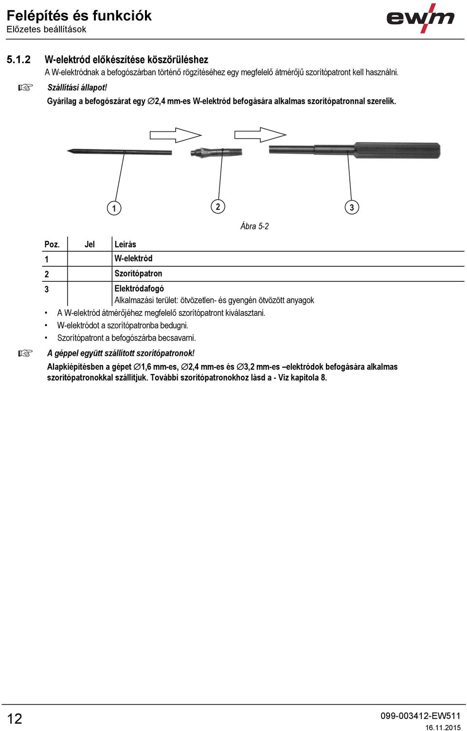 Jel Leírás 0 1 W-elektród 2 Szorítópatron 3 Elektródafogó Alkalmazási terület: ötvözetlen- és gyengén ötvözött anyagok A W-elektród átmérőjéhez megfelelő szorítópatront kiválasztani.
