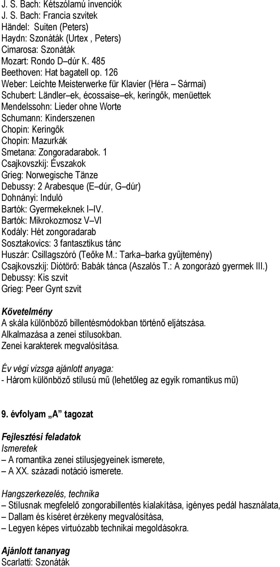 Mazurkák Smetana: Zongoradarabok. 1 Csajkovszkij: Évszakok Grieg: Norwegische Tänze Debussy: 2 Arabesque (E dúr, G dúr) Dohnányi: Induló Bartók: Gyermekeknek I IV.