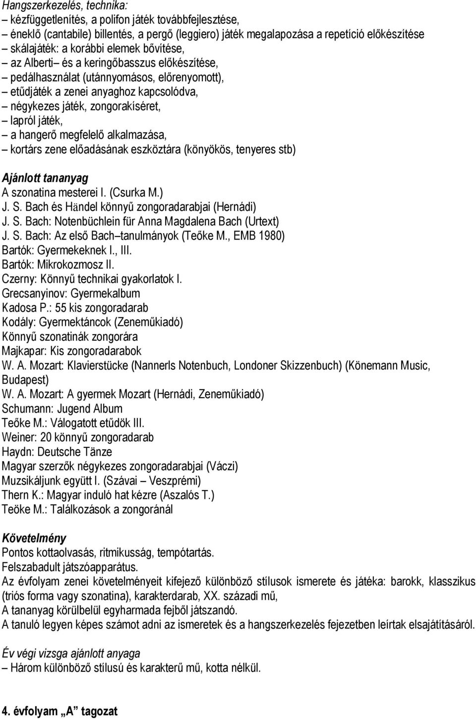 hangerő megfelelő alkalmazása, kortárs zene előadásának eszköztára (könyökös, tenyeres stb) A szonatina mesterei I. (Csurka M.) J. S. Bach és Händel könnyű zongoradarabjai (Hernádi) J. S. Bach: Notenbüchlein für Anna Magdalena Bach (Urtext) J.