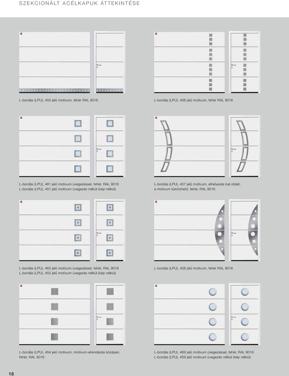 (LPU), 462 jelű motívum üvegezéssel, fehér, RAL 9016 L-bordás (LPU), 452 jelű motívum üvegezés nélkül (kép nélkül) L-bordás (LPU), 458 jelű motívum, fehér RAL 9016 L-bordás (LPU),