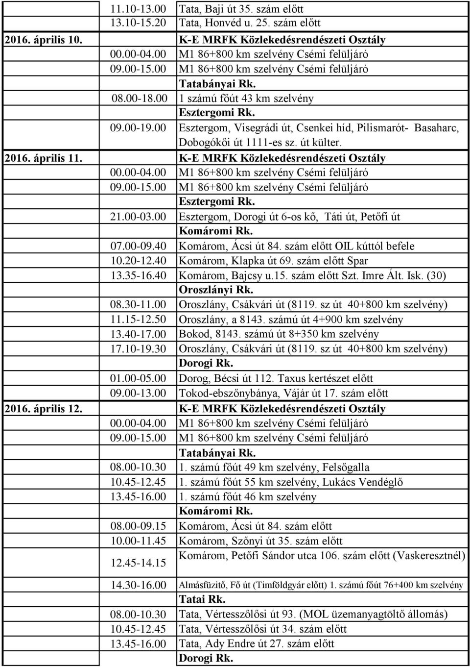 00 Esztergom, Dorogi út 6-os kő, Táti út, Petőfi út 07.00-09.40 Komárom, Ácsi út 84. szám előtt OIL kúttól befele 10.20-12.40 Komárom, Klapka út 69. szám előtt Spar 13.35-16.40 Komárom, Bajcsy u.15.