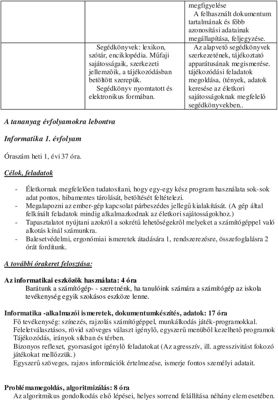 tájékozódási feladatok megoldása, (tények, adatok keresése az életkori sajátosságoknak megfelelő segédkönyvekben.. A tananyag évfolyamokra lebontva Informatika 1. évfolyam Óraszám heti 1, évi 37 óra.