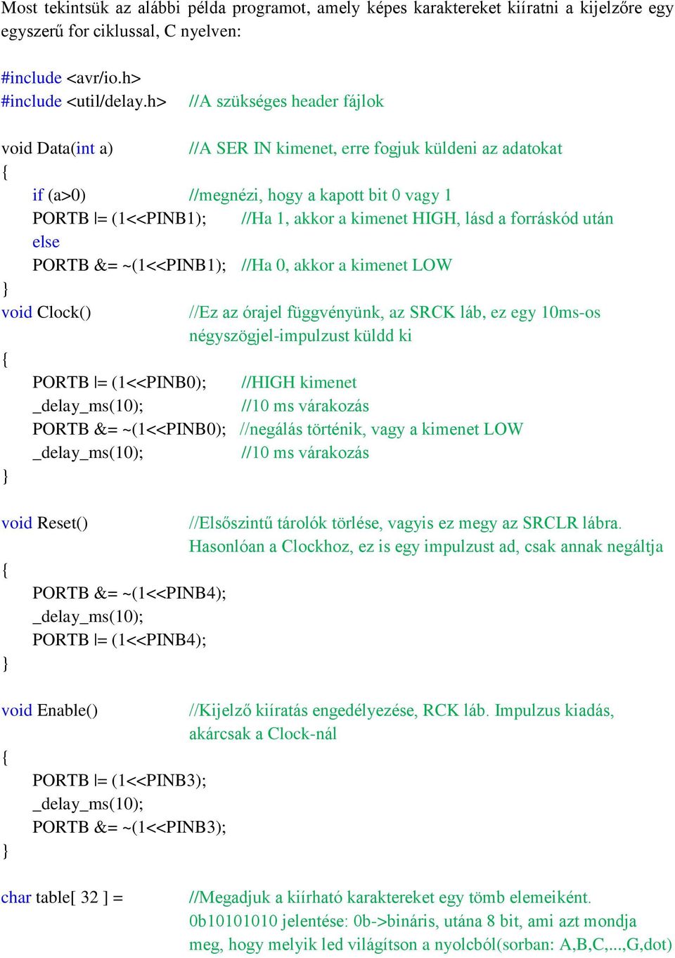 lásd a forráskód után else PORTB &= ~(1<<PINB1); //Ha 0, akkor a kimenet LOW void Clock() //Ez az órajel függvényünk, az SRCK láb, ez egy 10ms-os négyszögjel-impulzust küldd ki PORTB = (1<<PINB0);