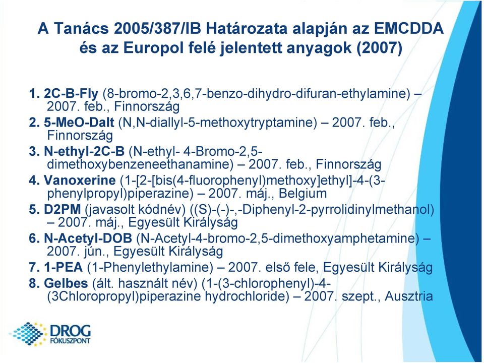 Vanoxerine (1-[2-[bis(4-fluorophenyl)methoxy]ethyl]-4-(3- phenylpropyl)piperazine) 2007. máj., Belgium 5. D2PM (javasolt kódnév) ((S)-(-)-,-Diphenyl-2-pyrrolidinylmethanol) 2007. máj., Egyesült Királyság 6.