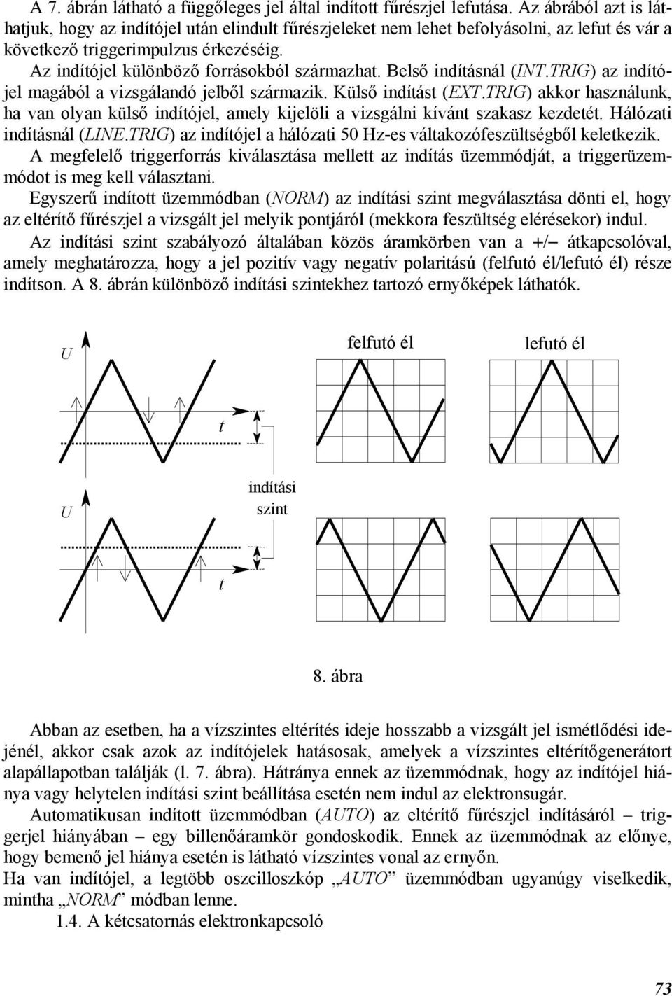 Belső indíásnál (INT.TRIG) az indíójel magából a vizsgálandó jelből származik. Külső indíás (EXT.TRIG) akkor használunk, ha van olyan külső indíójel, amely kijelöli a vizsgálni kíván szakasz kezdeé.