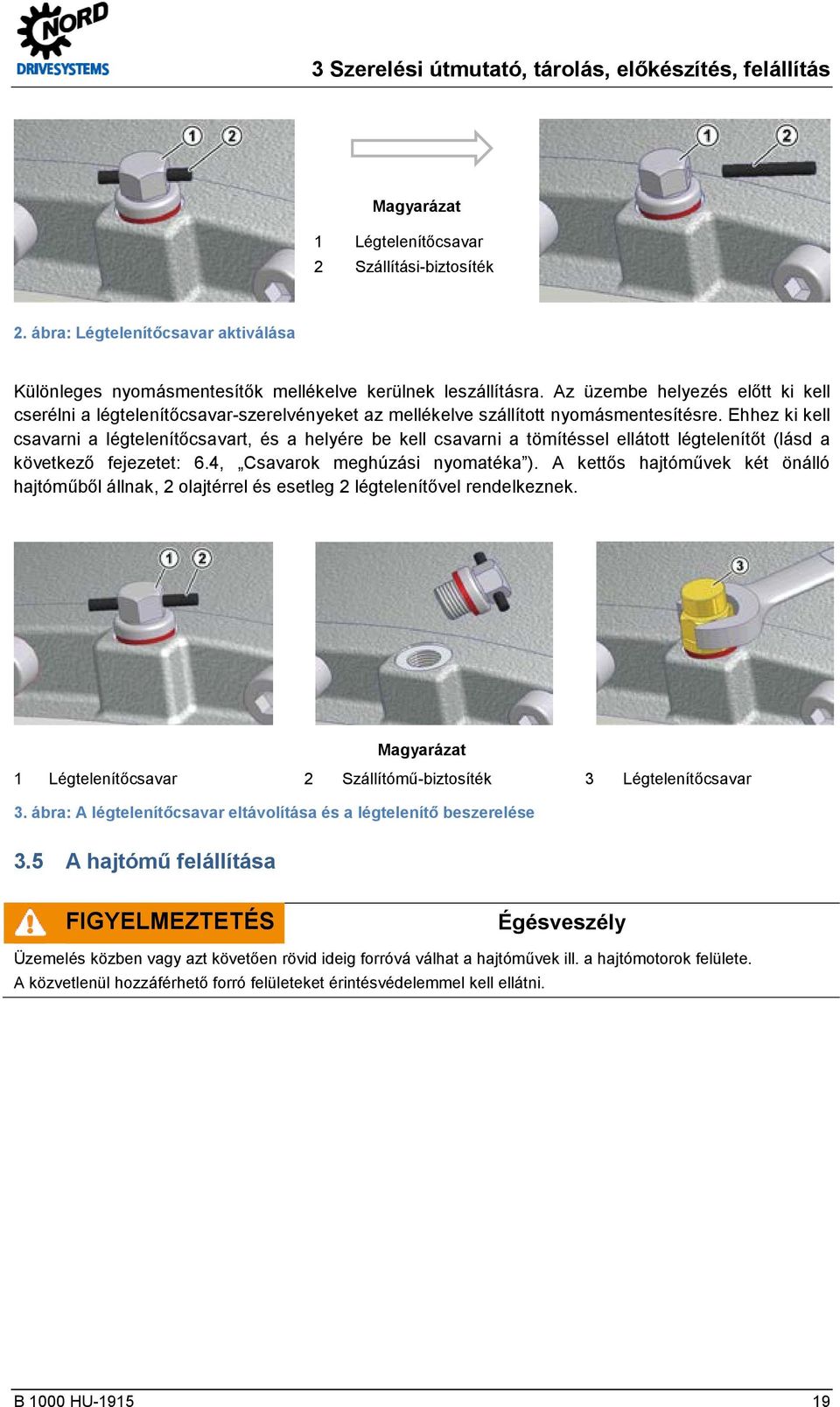 Az üzembe helyezés előtt ki kell cserélni a légtelenítőcsavar-szerelvényeket az mellékelve szállított nyomásmentesítésre.