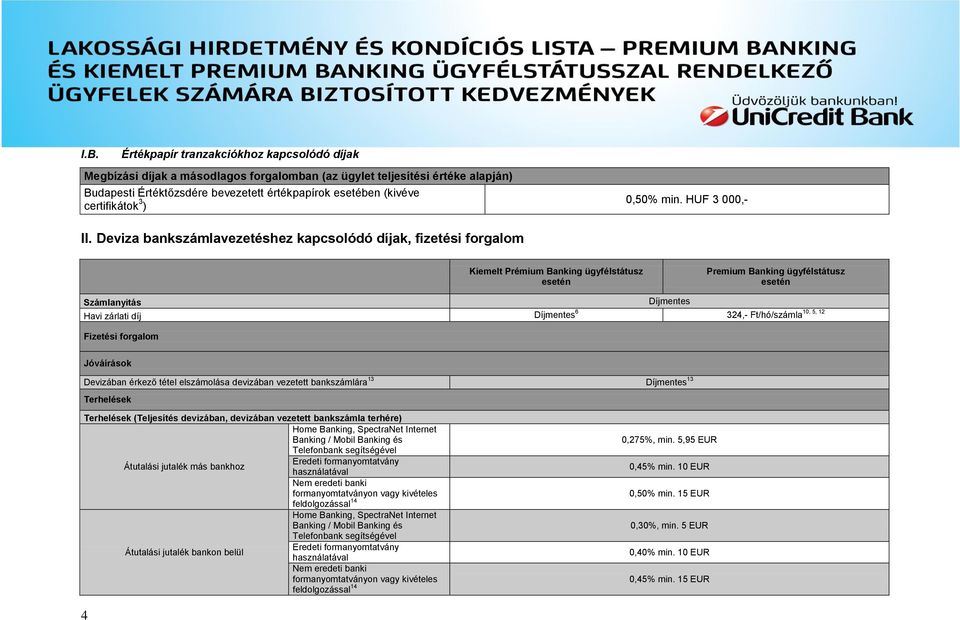 Deviza bankszámlavezetéshez kapcsolódó díjak, fizetési forgalom Kiemelt Prémium Banking ügyfélstátusz esetén Premium Banking ügyfélstátusz esetén Számlanyitás Díjmentes Havi zárlati díj Díjmentes 6
