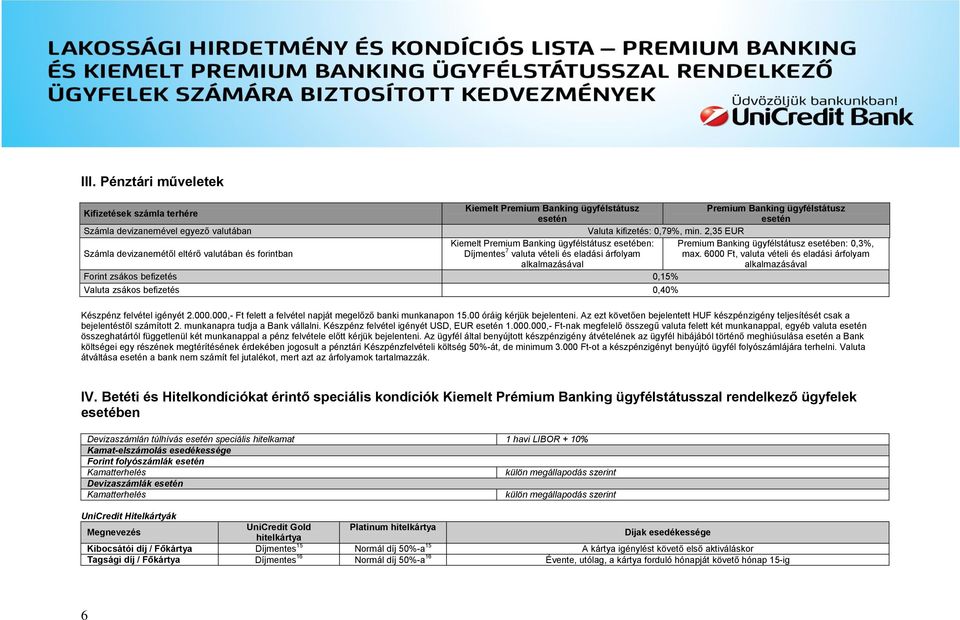 esetében: 0,3%, max. 6000 Ft, valuta vételi és eladási árfolyam alkalmazásával Forint zsákos befizetés 0,15% Valuta zsákos befizetés 0,40% Készpénz felvétel igényét 2.000.000,- Ft felett a felvétel napját megelőző banki munkanapon 15.